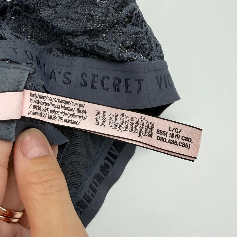 Victorias Secret Logo Band Lace Bralette Dark Grey‎ Floral Scalloped Large L/G
